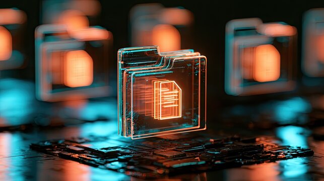 Glowing digital data folders with futuristic tech elements and circuitry