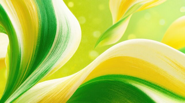Swirling ribbons of yellow and green create a bright, abstract, spring-like design