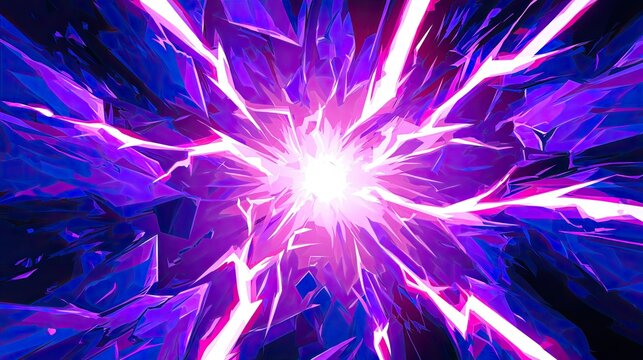 Energetic explosion of purple crystals radiating intense white light outwards