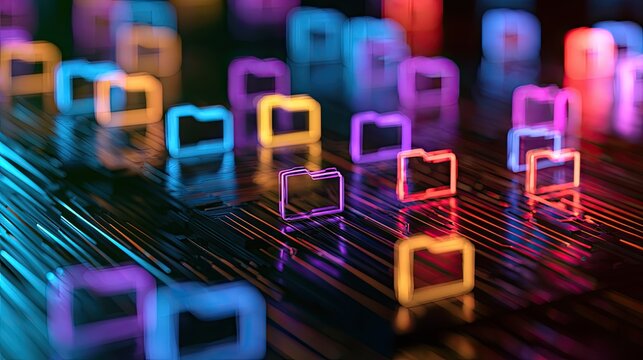Glowing digital folders float on a data stream, vibrant colors