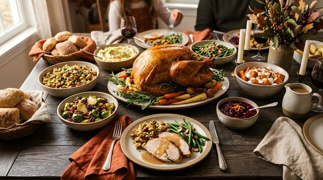 A beautifully roasted golden turkey centerpiece surrounded by traditional side dishes on a rustic wooden table for thanksgiving dinner
