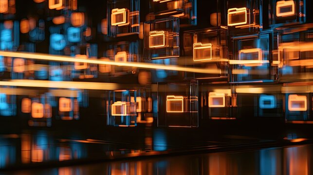 Glowing digital folders float in a network of light