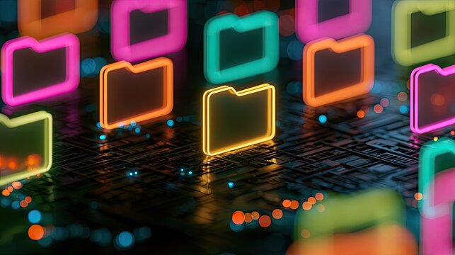 Glowing digital folders represent organized data storage and management