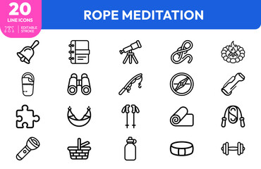 Fototapeta premium Outdoor mfulness set. rope, telescope, lantern, binoculars, compass, campfire, backpack, water bottle, flashlight, hiking boots. Editable stroke. Vector illustration.