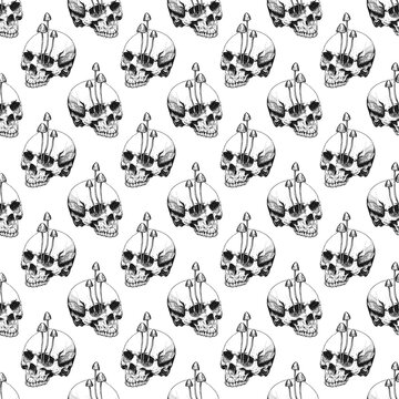 Seamless pattern of an abstract human skull with mushrooms growing from an eye socket, hand-drawn with a black fineliner. Perfect for textiles, wrapping paper, packaging, and clothing fabric prints.