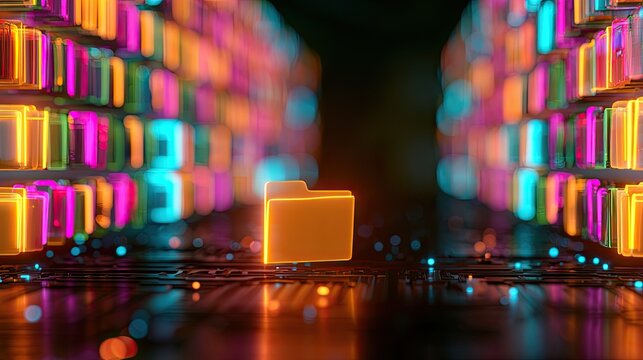 Glowing digital data storage, abstract glowing files in rows