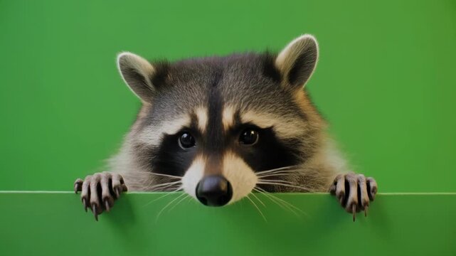 Curious raccoon peeking over a vibrant green barrier during golden hour with soft lighting