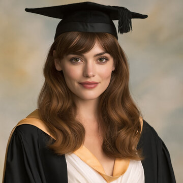Woman standing confidently in cap and gown, smiling at the camera, celebrating graduation and future career opportunities