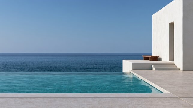Minimalist white villa with infinity pool overlooks calm blue ocean