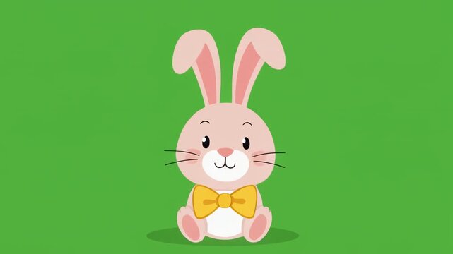Cute Bunny Sitting with Bow Tie on Green Background Seamless Loop Animation