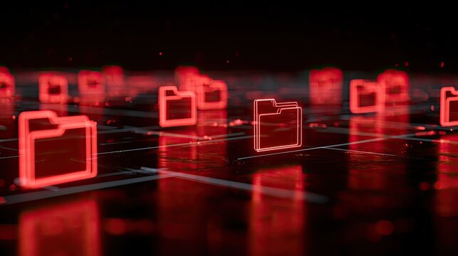 Red digital folders glowing on a dark, reflective grid