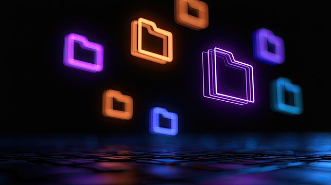 Glowing digital folders floating above a textured dark surface
