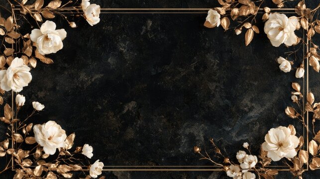 Ornate golden foliage and cream blossoms frame dark textured background