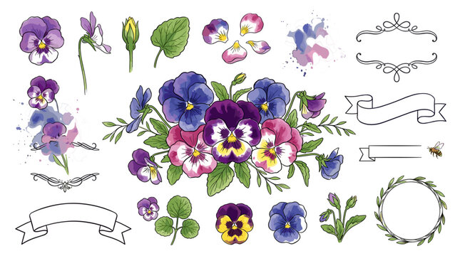 Watercolor pansy flower bouquet vector illustration set featuring colorful viola rosettes garden buds wreath honeybee and elegant scroll frames.svg