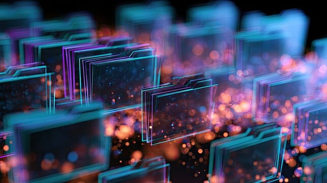 Abstract digital folders glowing with data particles, blue, purple, orange hues