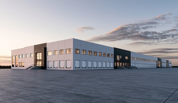 Modern, spacious industrial building with multiple loading docks under a sunset sky