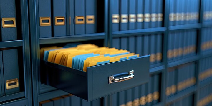 A drawer of files pulled open, revealing colorful documents on shelves