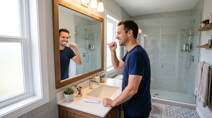 Fototapeta premium Man brushing teeth in modern bathroom with reflection in mirror and shower in background