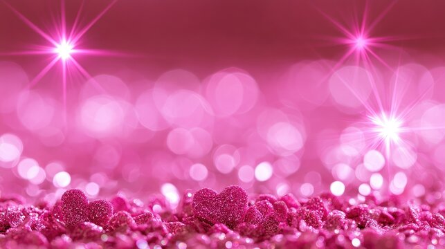 Pink glitter hearts sparkling with bright starbursts and bokeh