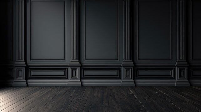Dark, elegant room with detailed paneled walls and wooden floor