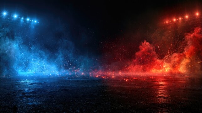 Arena of glowing, fiery, and electric energy with stadium lights