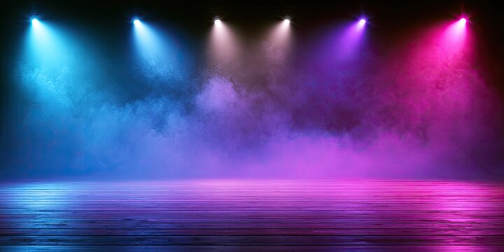Stage lights illuminate a smoky, reflective floor with blue, purple, and pink hues