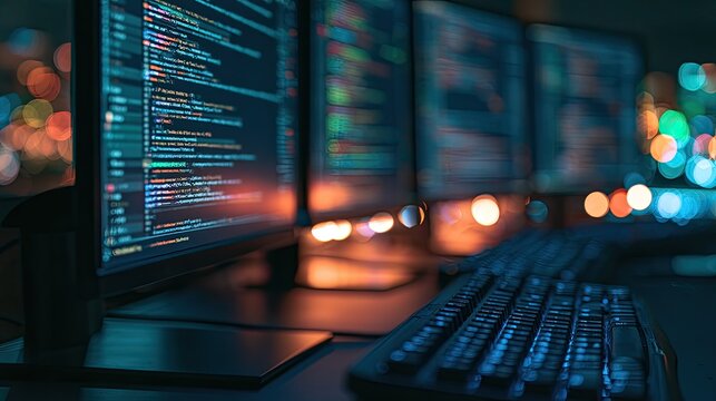 Multiple glowing computer screens display lines of code in a dark room