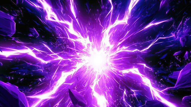 Intense purple energy bursts outward from a bright center, illuminating fractured rocks