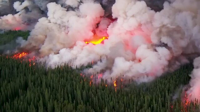 Aerial view of a large wildfire in California. Impact of climate change.