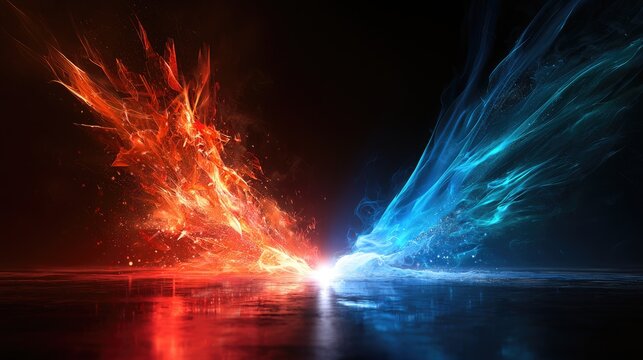 Vibrant fiery red and cool blue energy bursts clash dramatically