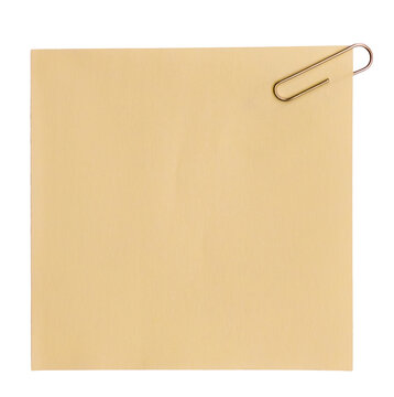 Blank beige paper sheet with metal paper clip isolated on transparent background