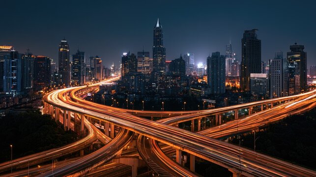 Illuminated city highway interchange at night with light trails from vehicles
