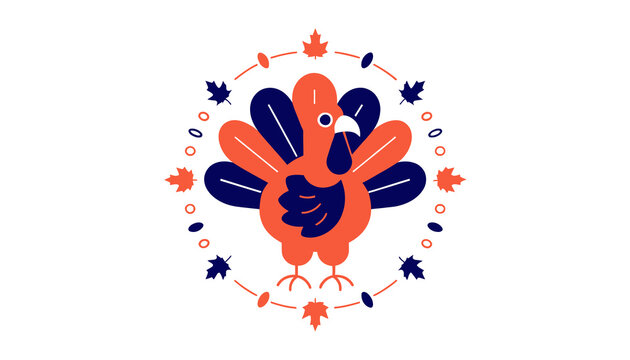 Cute cartoon turkey with autumn leaves circle border, Thanksgiving holiday graphic design