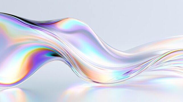 Iridescent, flowing liquid form with subtle color gradients on a light surface