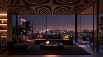 Fototapeta premium Cozy modern living room with city lights view at night (1)