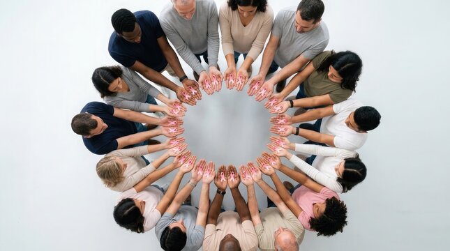 A diverse group of people standing in a circle holding hands to show support and unity during breast cancer awareness month