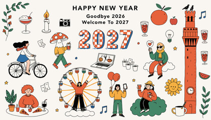 Fototapeta premium Happy New Year 2027 Celebration Doodle Art: Festive Elements, People, and Festive Objects on Cream Background
