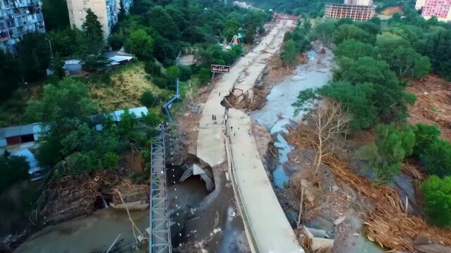 Aerial view of a road damaged by a landslide.
