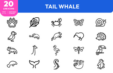 Obraz premium Nature creature set. Frog, butterfly, crab, snail, kiwi, hedgehog, and more. Editable stroke. Vector illustration.