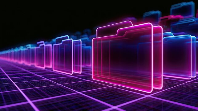 Neon digital folders arranged in rows on a glowing grid
