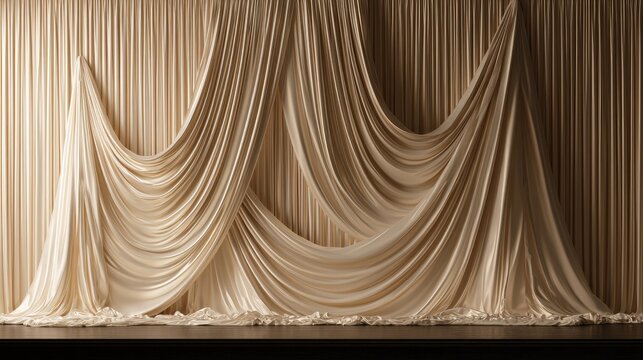 Elegant, flowing cream-colored fabric drapes cascade down a vertical backdrop