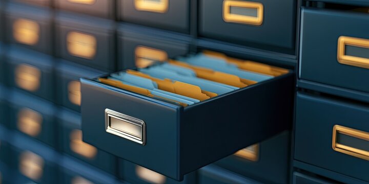 Filing cabinet with one open drawer filled with manila folders, organized storage