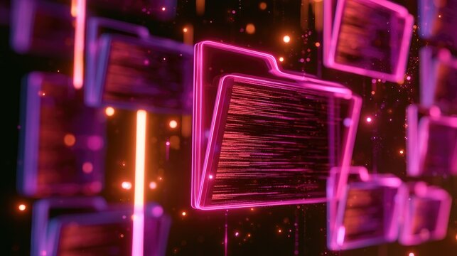Abstract digital folders with neon glow on dark background