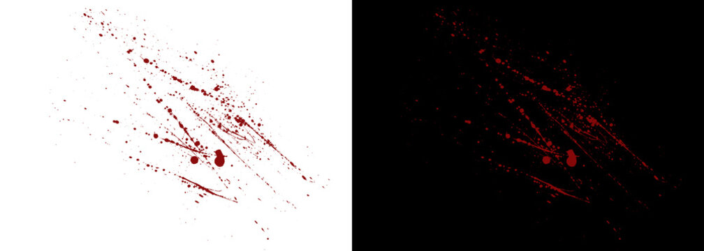 Red blood splatters and scratch marks, horror crime scene texture overlays on white and black backgrounds