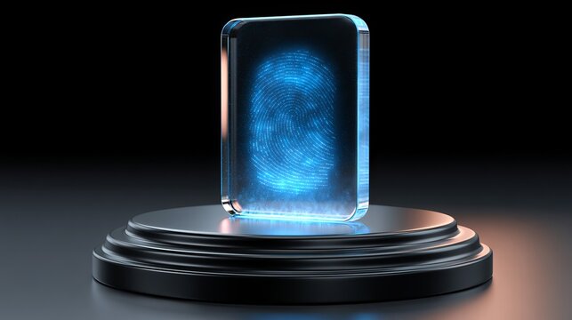 Transparent crystal identity card, glowing blue biometric security patterns, premium authentication technology.