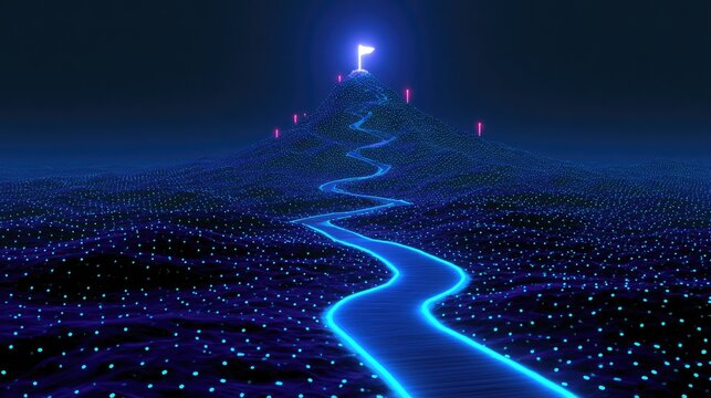 A winding neon blue path leads to a glowing summit flag on a digital mountain