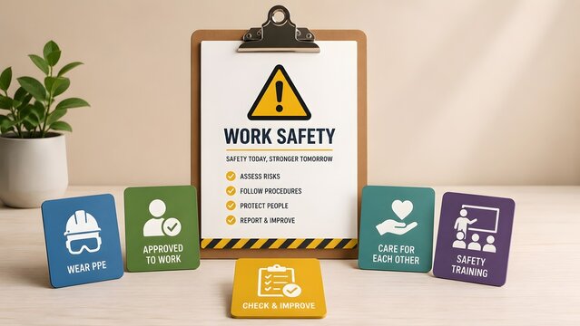 Work safety checklist on a clipboard with colorful occupational health and hazard prevention protocol icon cards