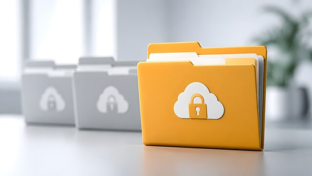 Row of file folders with focus on a yellow secure cloud data folder in a modern office representing digital archive organization