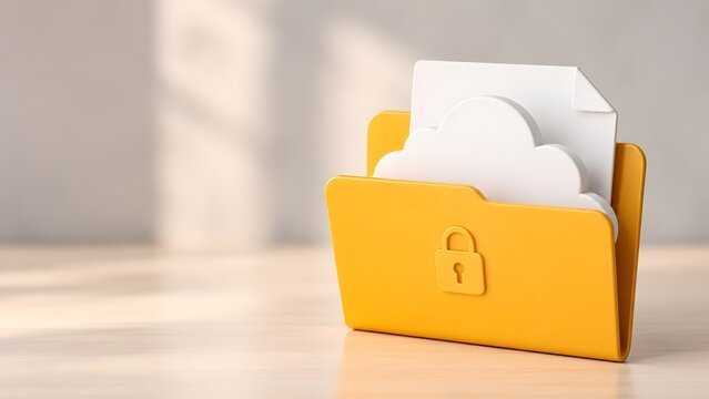 White document paper emerging from a yellow secure cloud folder with a padlock icon on a wooden desk representing data privacy