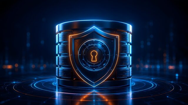 Futuristic glowing cyber server with a shield and keyhole emblem symbolizing advanced data protection and strict digital privacy security